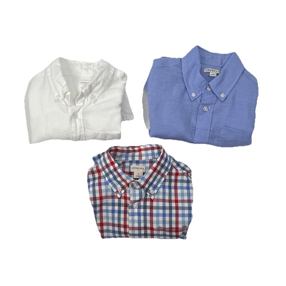 Crew Cuts Bundle of 3 Collared Shirts Long Sleeve Solid Check Plaid Blue Sz 8
